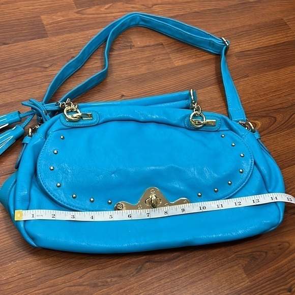 Galian Bright Blue Shoulder Bag with Gold Tone Trim and Tassels - Picture 3 of 8